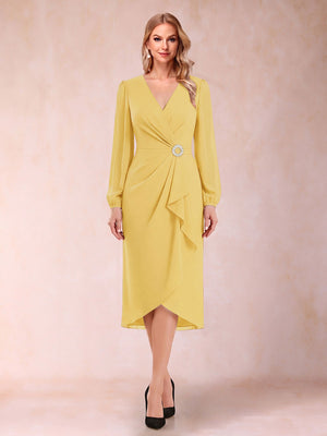 A-Line/Princess Long Sleeves Asymmetrical Mother of the Bride Dresses with Ruched & Rhinestone