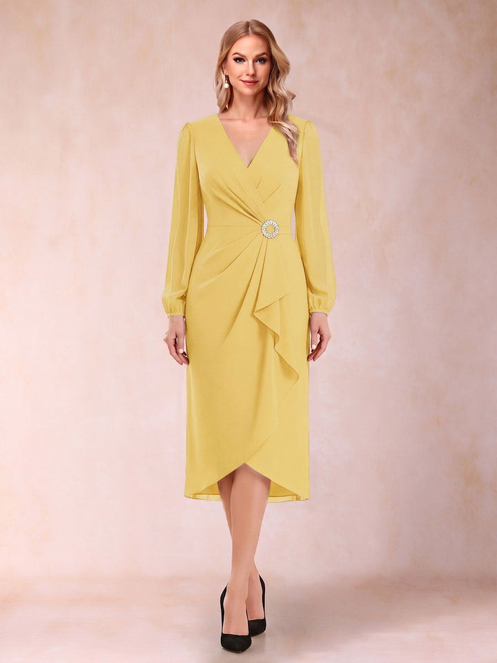 A-Line/Princess Long Sleeves Asymmetrical Mother of the Bride Dresses with Ruched &amp; Rhinestone