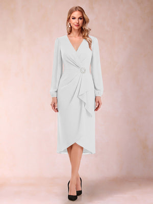 A-Line/Princess Long Sleeves Asymmetrical Mother of the Bride Dresses with Ruched & Rhinestone