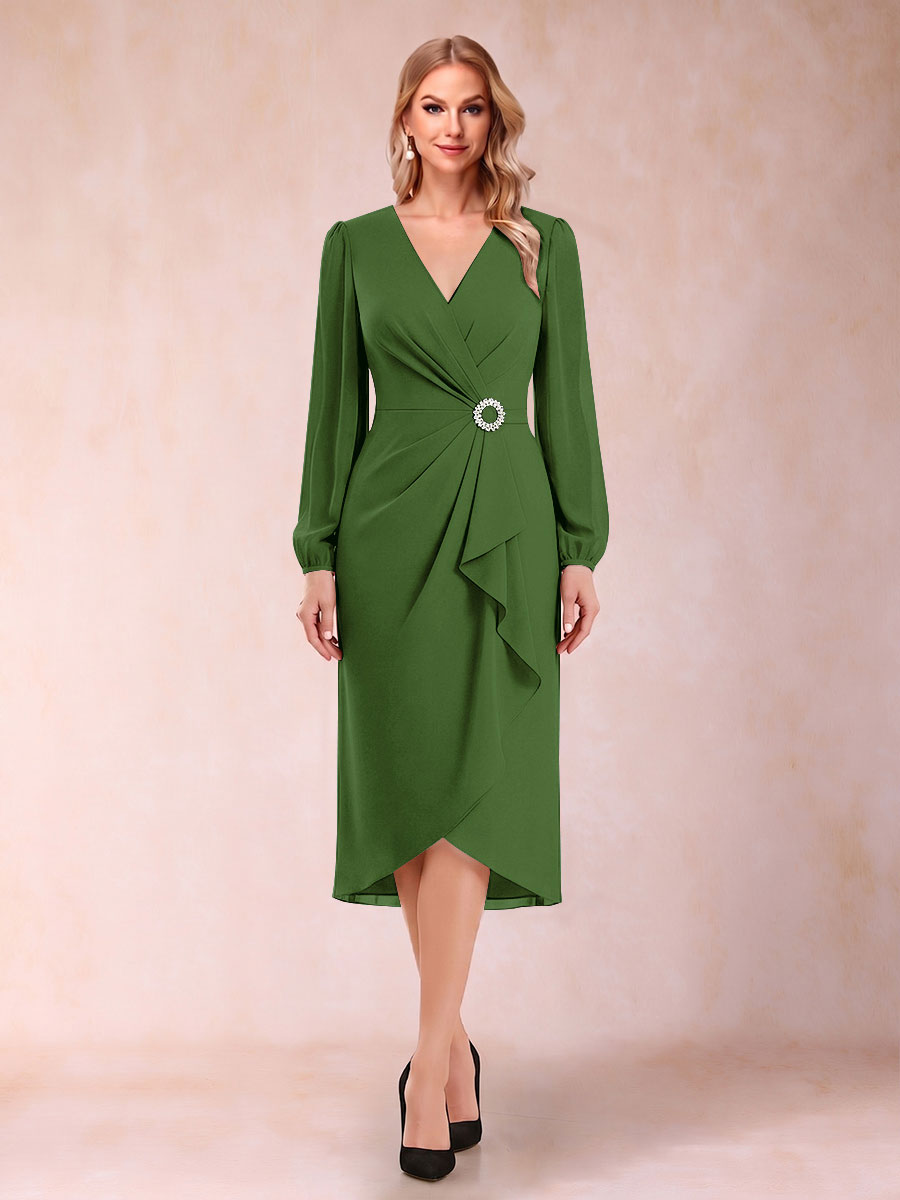 A-Line/Princess Long Sleeves Asymmetrical Mother of the Bride Dresses with Ruched &amp; Rhinestone