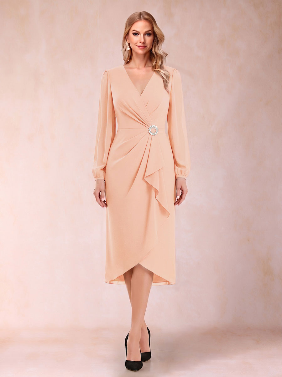 A-Line/Princess Long Sleeves Asymmetrical Mother of the Bride Dresses with Ruched &amp; Rhinestone