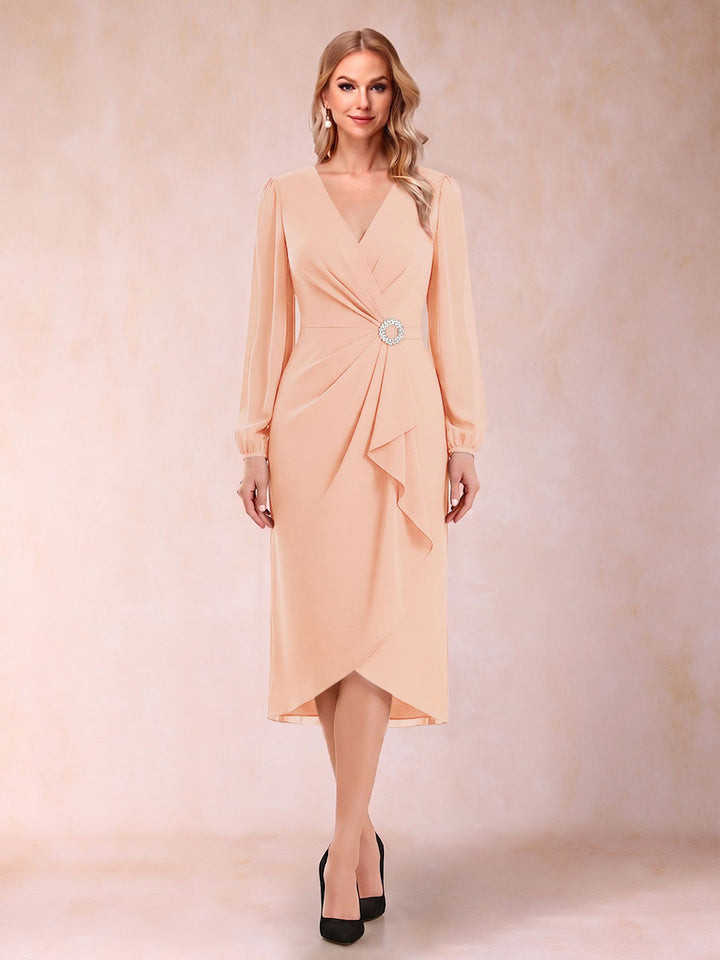 A-Line/Princess Long Sleeves Asymmetrical Mother of the Bride Dresses with Ruched &amp; Rhinestone