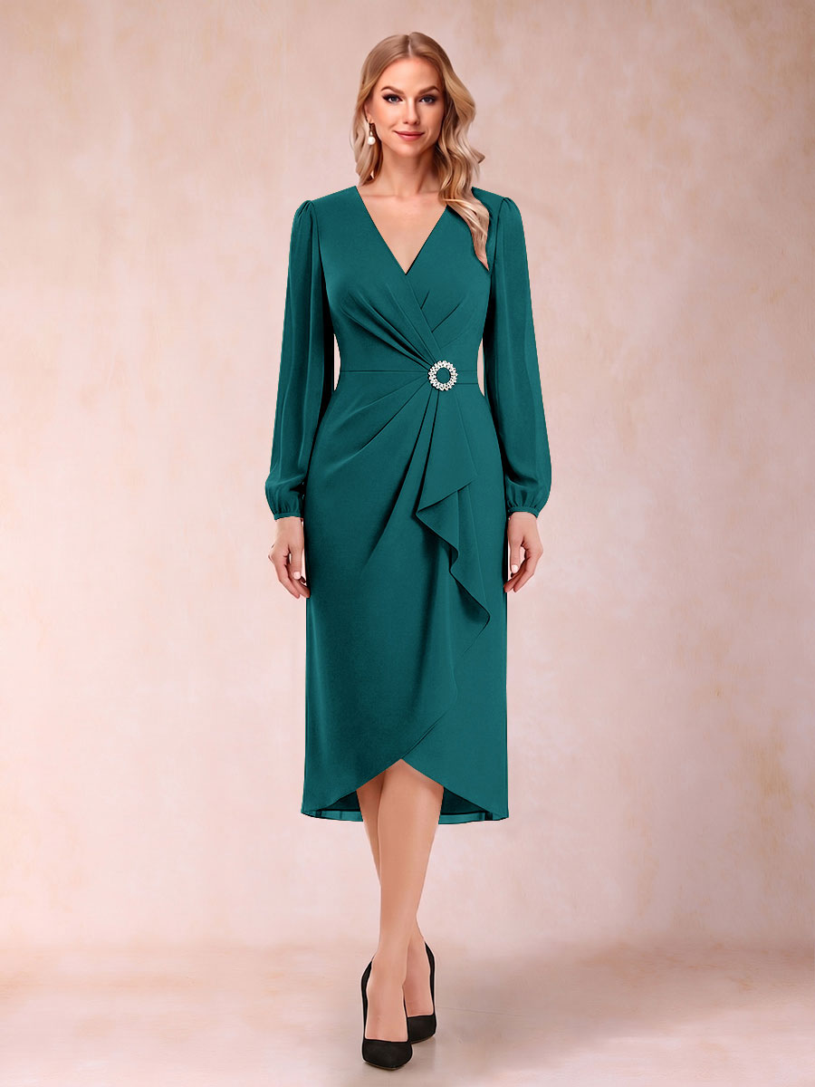 A-Line/Princess Long Sleeves Asymmetrical Mother of the Bride Dresses with Ruched &amp; Rhinestone