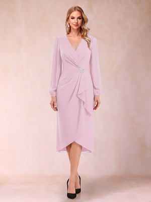 A-Line/Princess Long Sleeves Asymmetrical Mother of the Bride Dresses with Ruched & Rhinestone