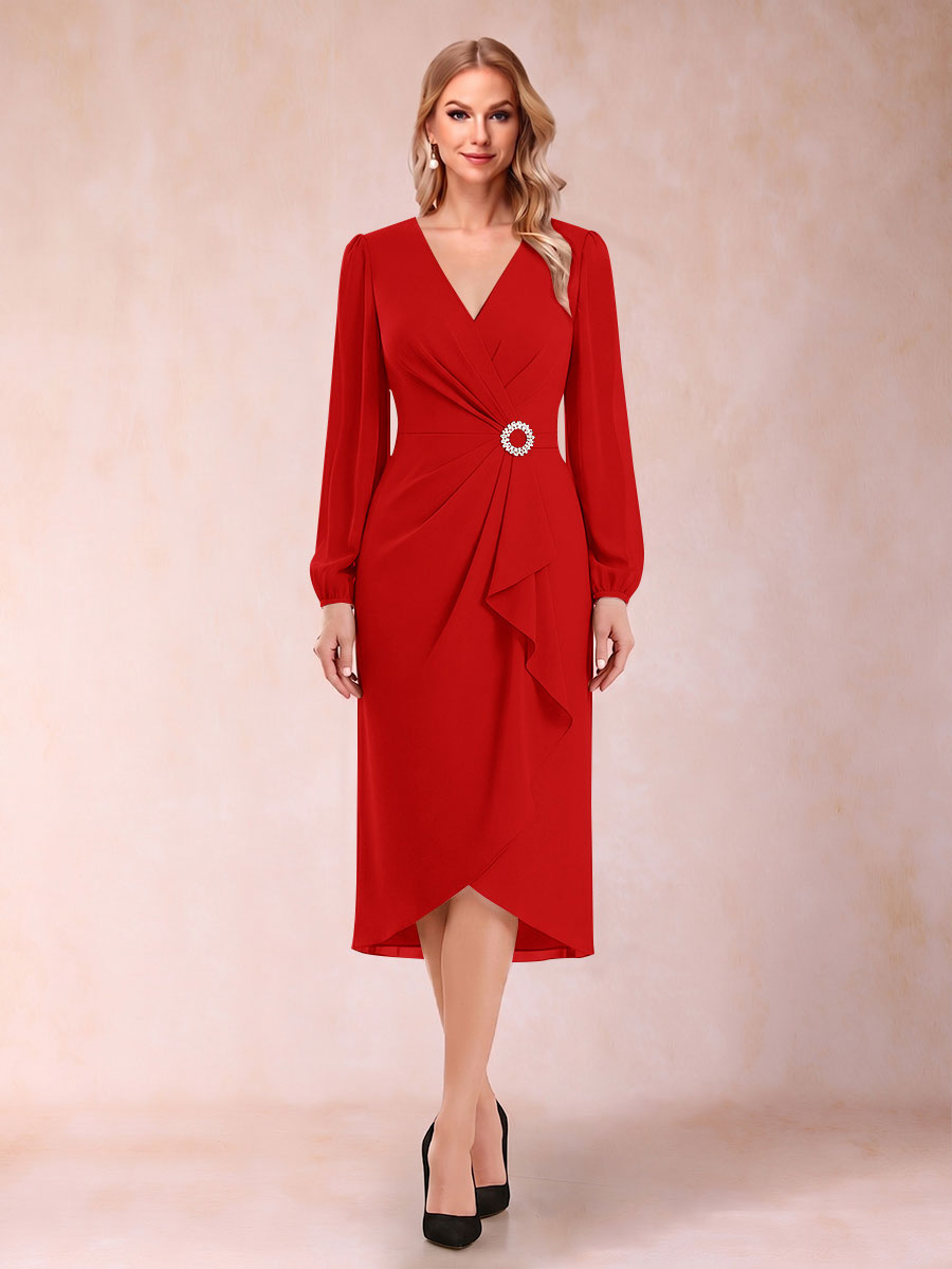 A-Line/Princess Long Sleeves Asymmetrical Mother of the Bride Dresses with Ruched &amp; Rhinestone