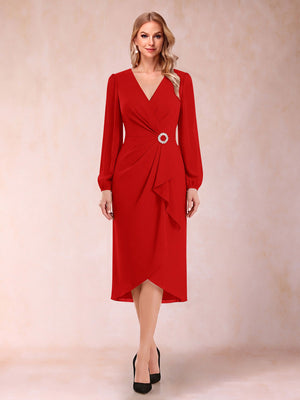 A-Line/Princess Long Sleeves Asymmetrical Mother of the Bride Dresses with Ruched & Rhinestone