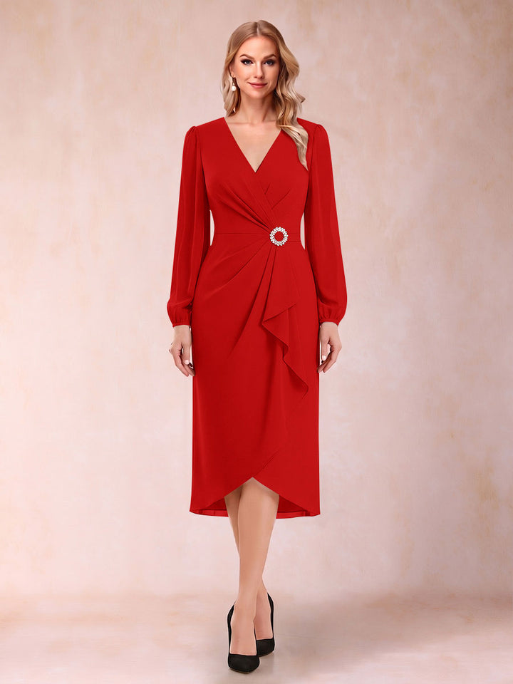 A-Line/Princess Long Sleeves Asymmetrical Mother of the Bride Dresses with Ruched &amp; Rhinestone