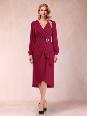 A-Line/Princess Long Sleeves Asymmetrical Mother of the Bride Dresses with Ruched & Rhinestone