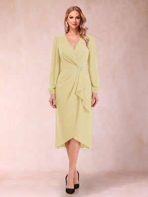 A-Line/Princess Long Sleeves Asymmetrical Mother of the Bride Dresses with Ruched & Rhinestone