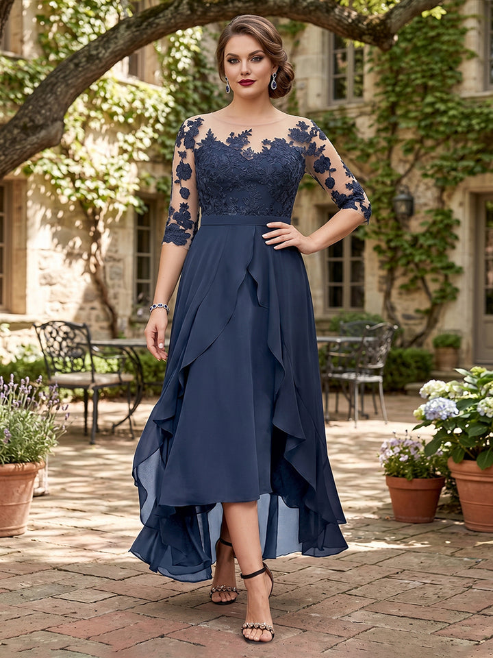 A-Line/Princess Half Sleeves Asymmetrical Plus Size Mother of the Bride Dresses with Ruffles &amp; Embroidery