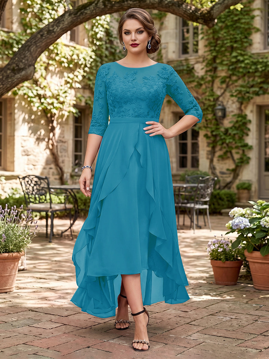 A-Line/Princess Half Sleeves Asymmetrical Plus Size Mother of the Bride Dresses with Ruffles &amp; Embroidery