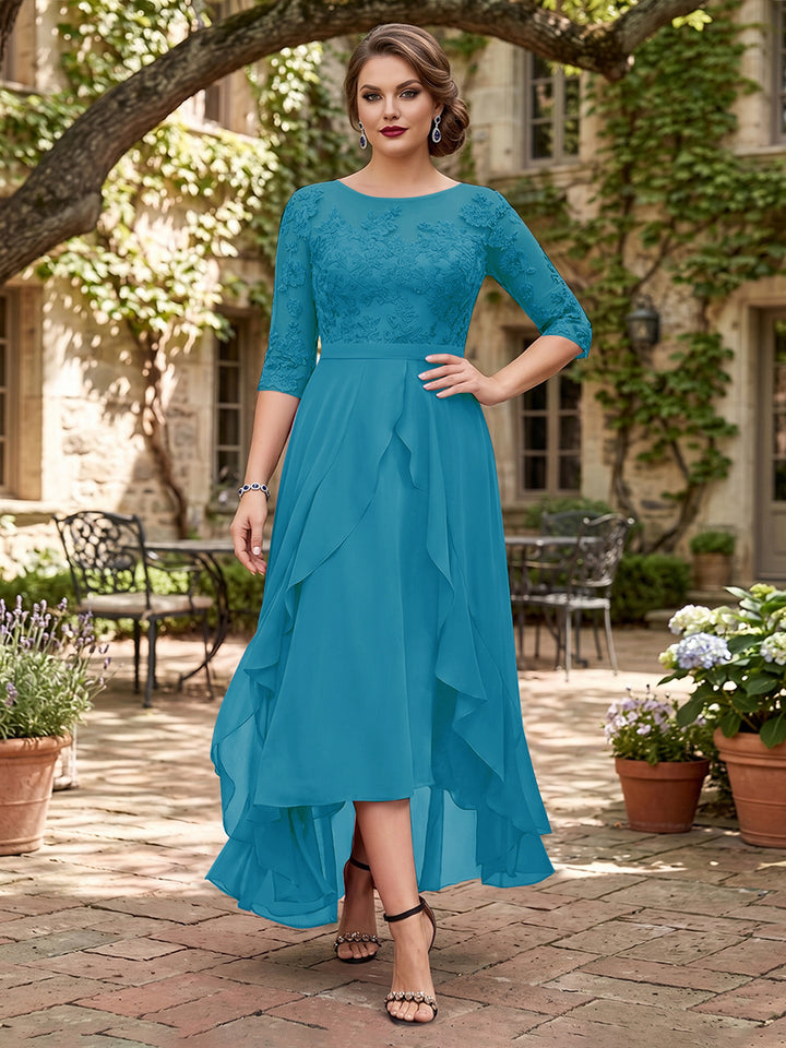 A-Line/Princess Half Sleeves Asymmetrical Plus Size Mother of the Bride Dresses with Ruffles &amp; Embroidery