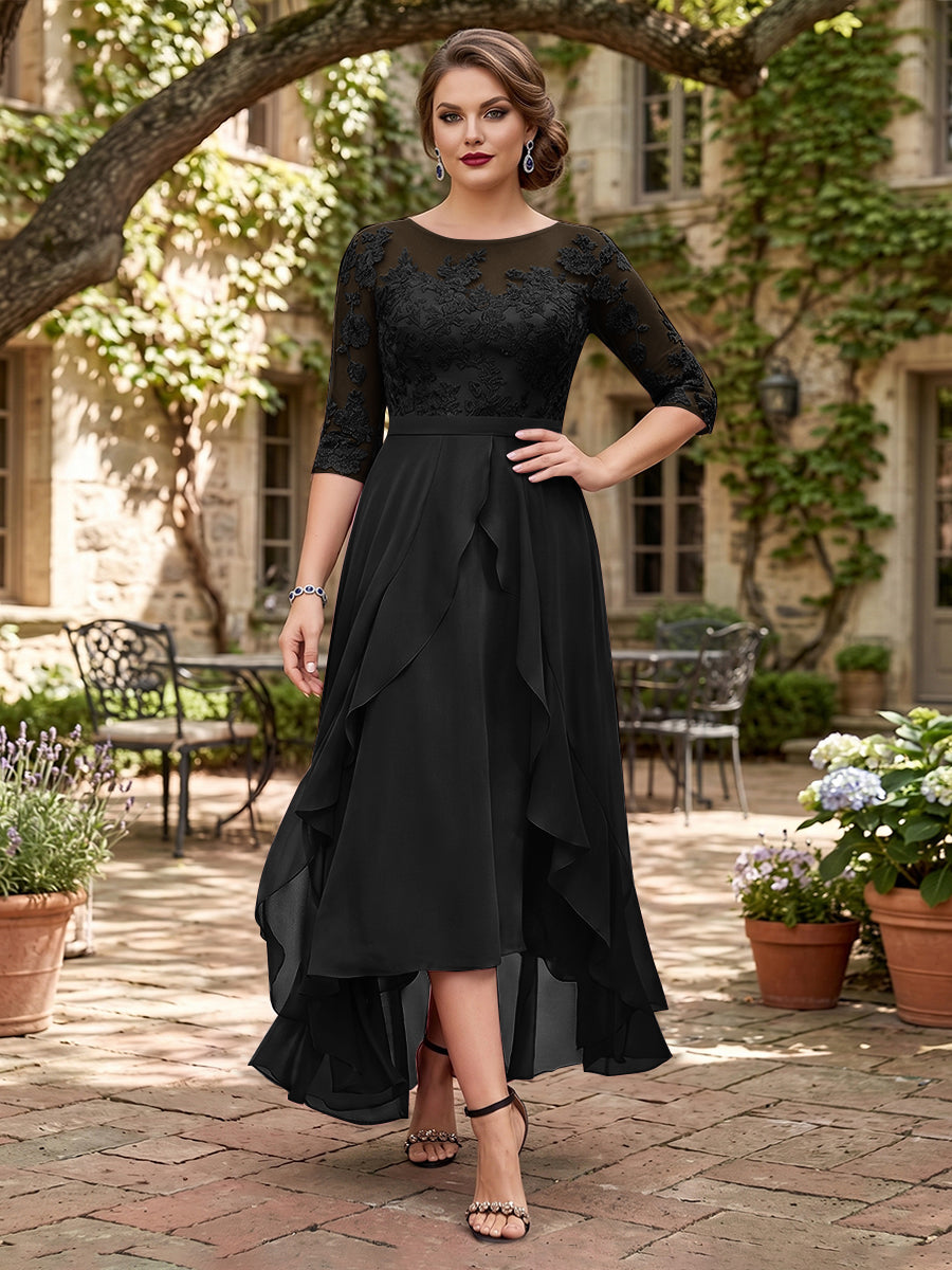 A-Line/Princess Half Sleeves Asymmetrical Plus Size Mother of the Bride Dresses with Ruffles &amp; Embroidery