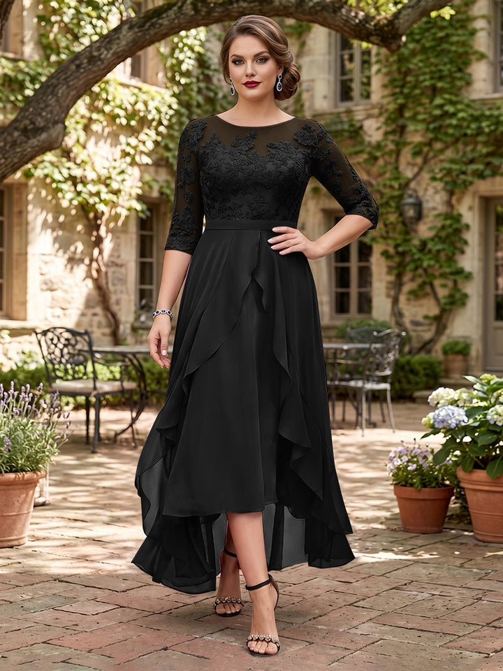 A-Line/Princess Half Sleeves Asymmetrical Plus Size Mother of the Bride Dresses with Ruffles &amp; Embroidery