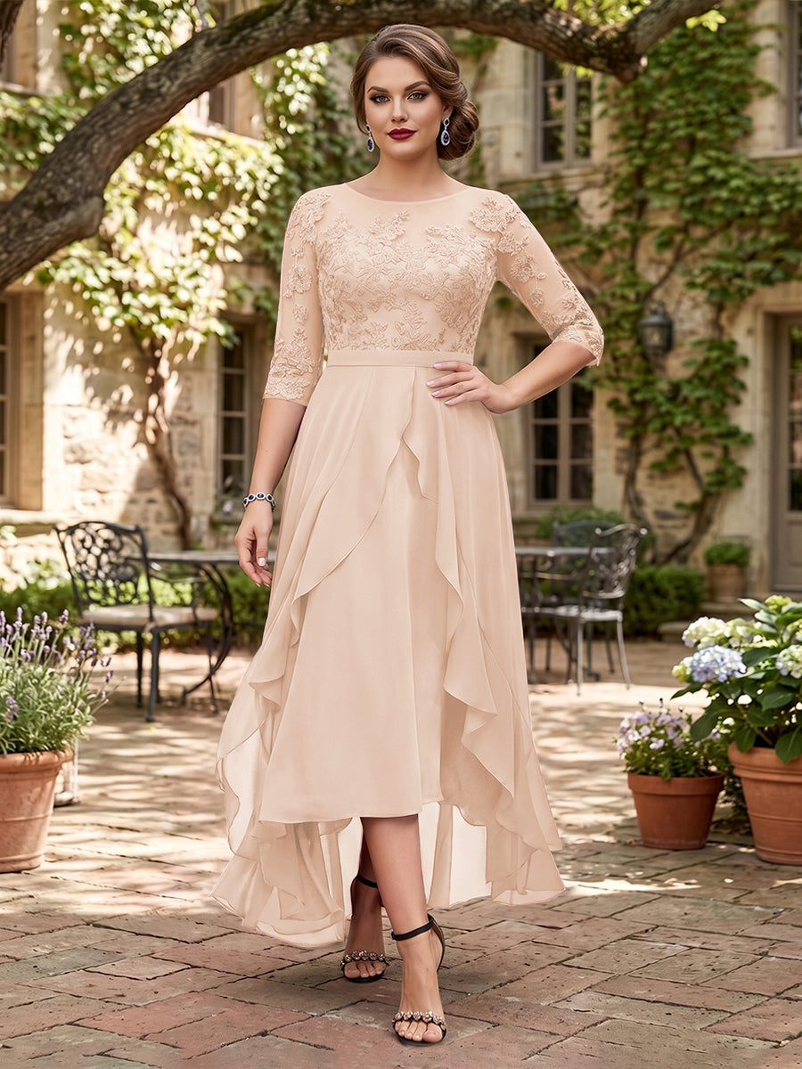 A-Line/Princess Half Sleeves Asymmetrical Plus Size Mother of the Bride Dresses with Ruffles &amp; Embroidery