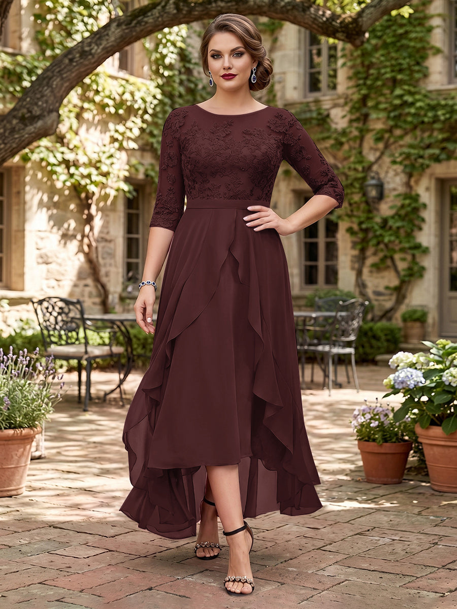 A-Line/Princess Half Sleeves Asymmetrical Plus Size Mother of the Bride Dresses with Ruffles &amp; Embroidery