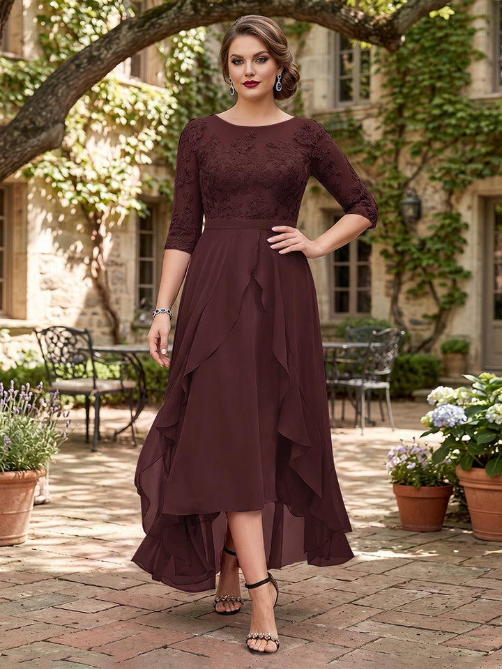 A-Line/Princess Half Sleeves Asymmetrical Plus Size Mother of the Bride Dresses with Ruffles &amp; Embroidery