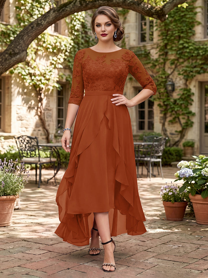 A-Line/Princess Half Sleeves Asymmetrical Plus Size Mother of the Bride Dresses with Ruffles &amp; Embroidery