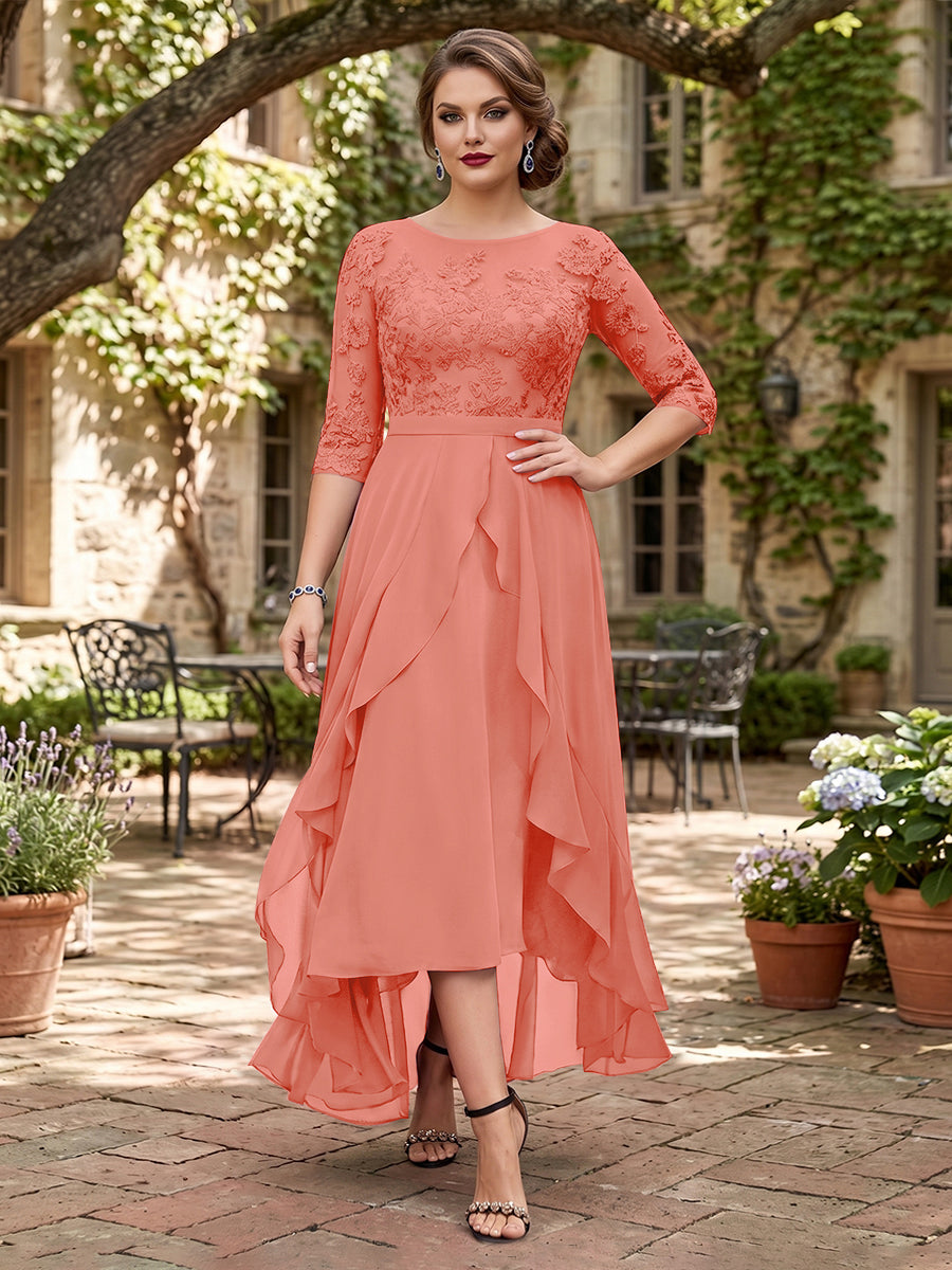 A-Line/Princess Half Sleeves Asymmetrical Plus Size Mother of the Bride Dresses with Ruffles &amp; Embroidery