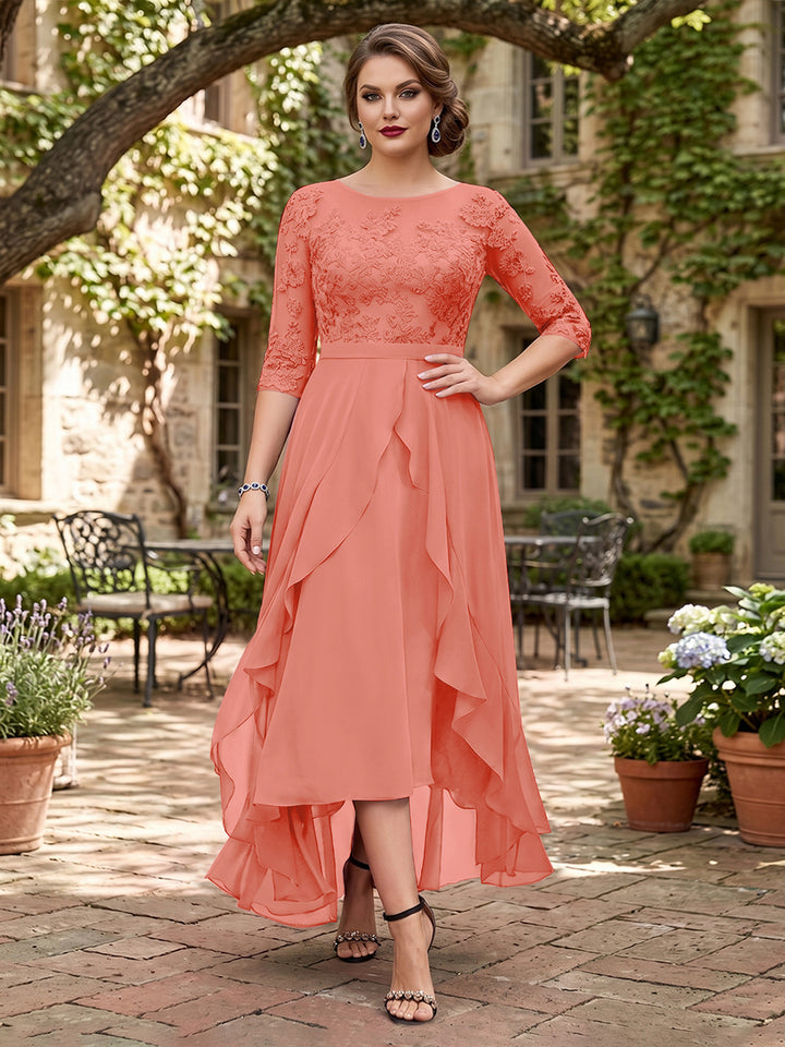 A-Line/Princess Half Sleeves Asymmetrical Plus Size Mother of the Bride Dresses with Ruffles &amp; Embroidery