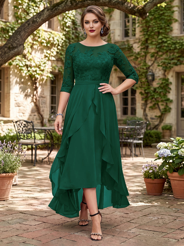 A-Line/Princess Half Sleeves Asymmetrical Plus Size Mother of the Bride Dresses with Ruffles &amp; Embroidery