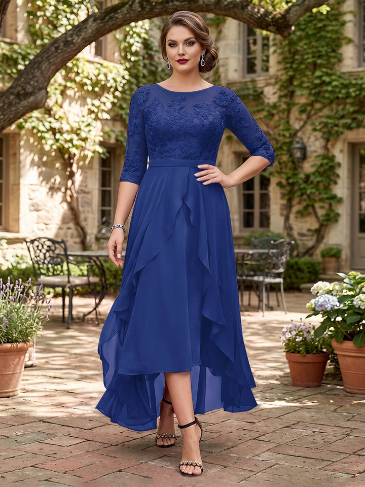 A-Line/Princess Half Sleeves Asymmetrical Plus Size Mother of the Bride Dresses with Ruffles &amp; Embroidery