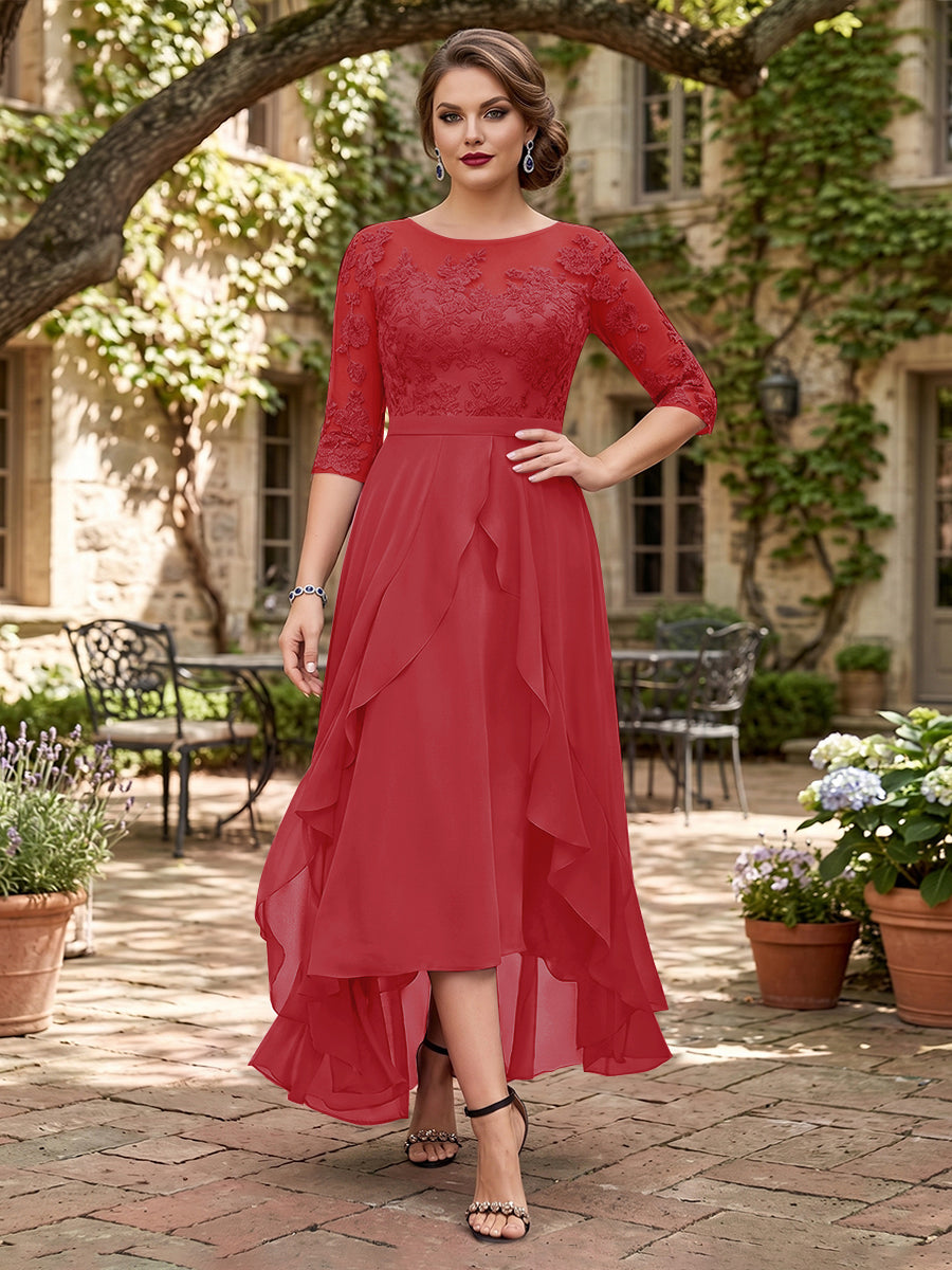 A-Line/Princess Half Sleeves Asymmetrical Plus Size Mother of the Bride Dresses with Ruffles &amp; Embroidery