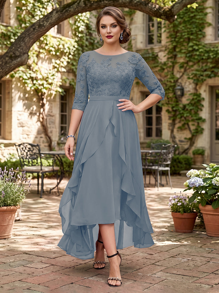 A-Line/Princess Half Sleeves Asymmetrical Plus Size Mother of the Bride Dresses with Ruffles &amp; Embroidery