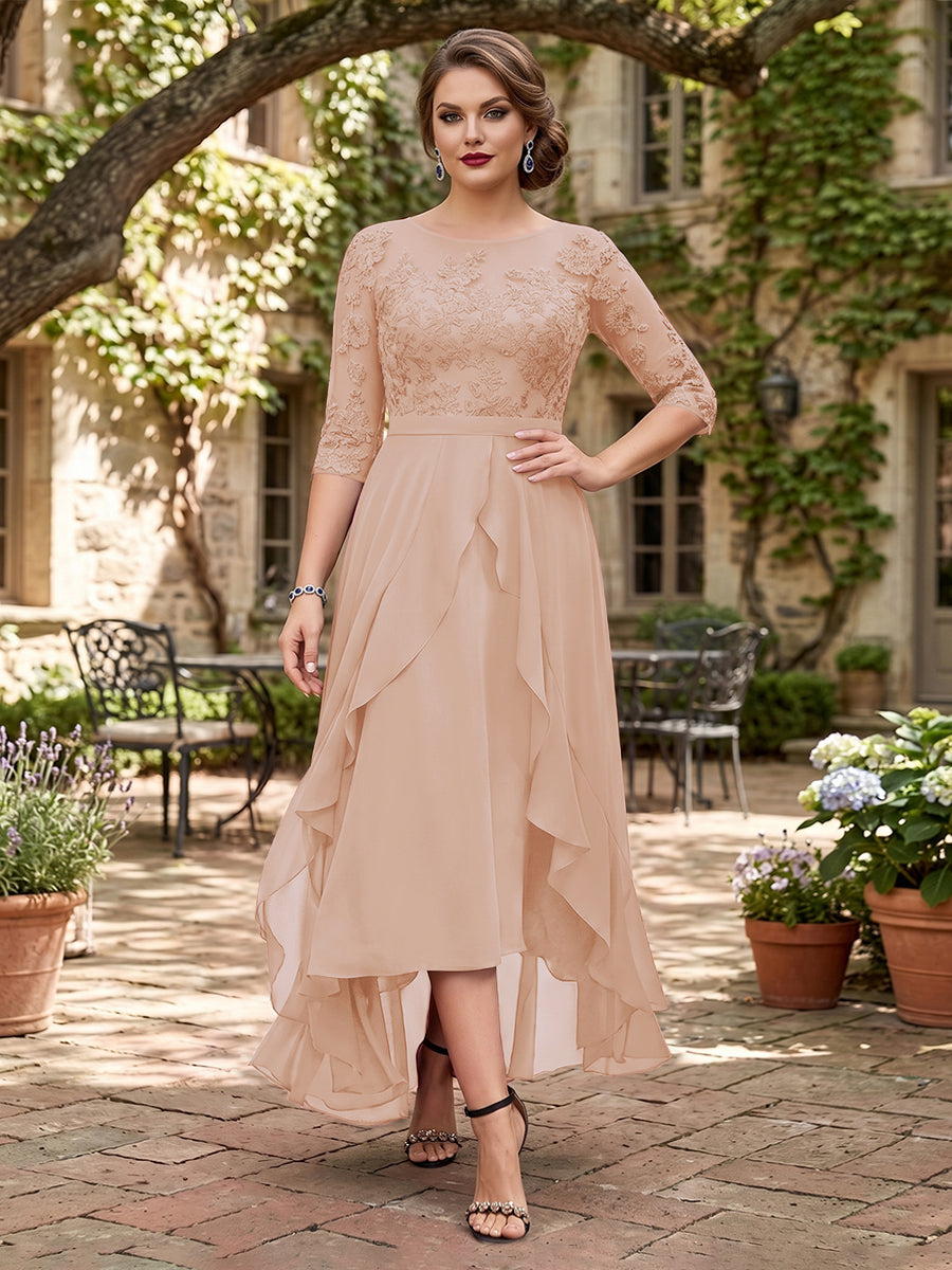 A-Line/Princess Half Sleeves Asymmetrical Plus Size Mother of the Bride Dresses with Ruffles &amp; Embroidery