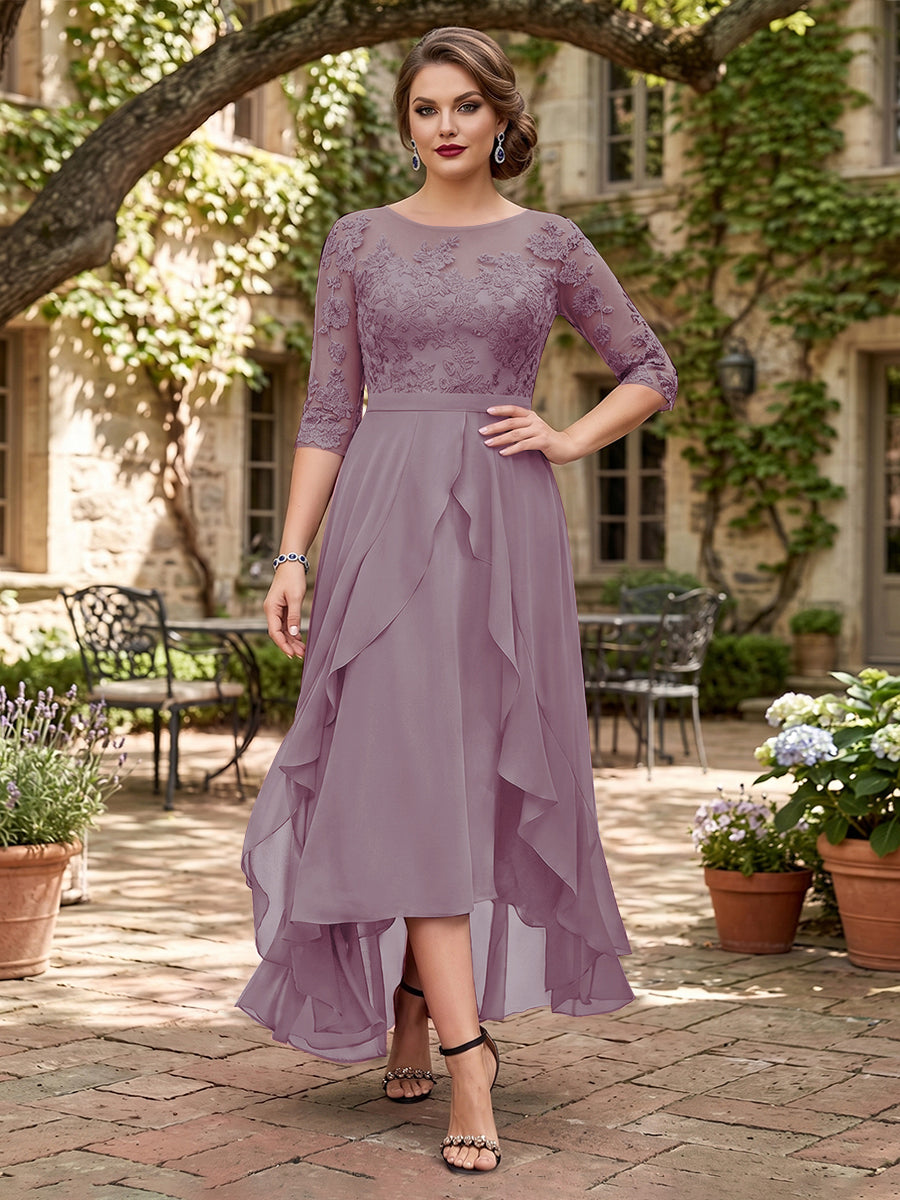A-Line/Princess Half Sleeves Asymmetrical Plus Size Mother of the Bride Dresses with Ruffles &amp; Embroidery