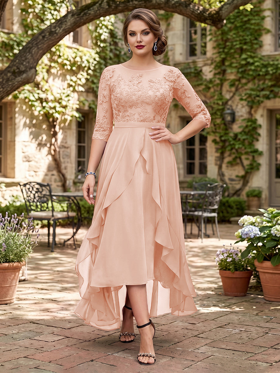 A-Line/Princess Half Sleeves Asymmetrical Plus Size Mother of the Bride Dresses with Ruffles &amp; Embroidery