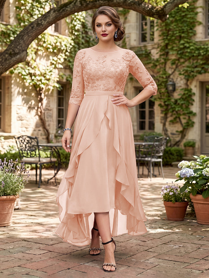 A-Line/Princess Half Sleeves Asymmetrical Plus Size Mother of the Bride Dresses with Ruffles &amp; Embroidery
