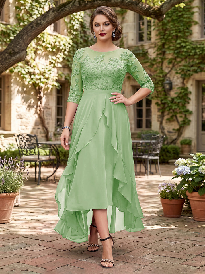 A-Line/Princess Half Sleeves Asymmetrical Plus Size Mother of the Bride Dresses with Ruffles &amp; Embroidery