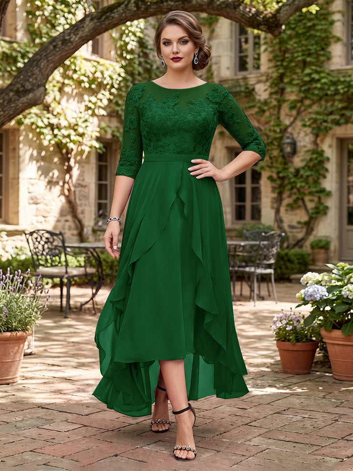A-Line/Princess Half Sleeves Asymmetrical Plus Size Mother of the Bride Dresses with Ruffles &amp; Embroidery