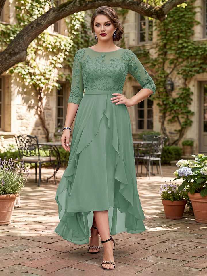 A-Line/Princess Half Sleeves Asymmetrical Plus Size Mother of the Bride Dresses with Ruffles &amp; Embroidery
