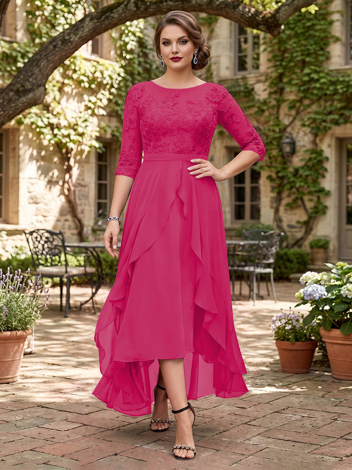 A-Line/Princess Half Sleeves Asymmetrical Plus Size Mother of the Bride Dresses with Ruffles &amp; Embroidery