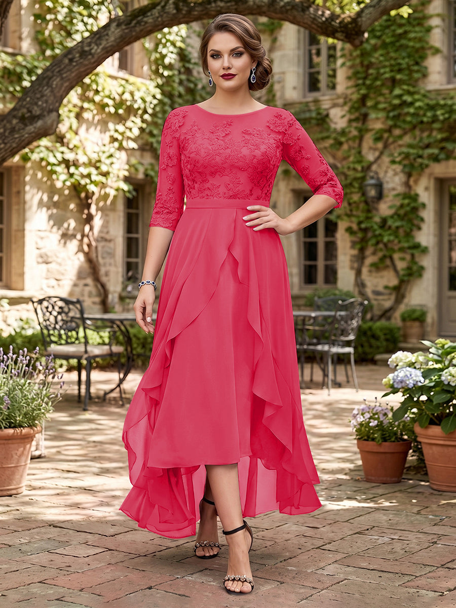 A-Line/Princess Half Sleeves Asymmetrical Plus Size Mother of the Bride Dresses with Ruffles &amp; Embroidery