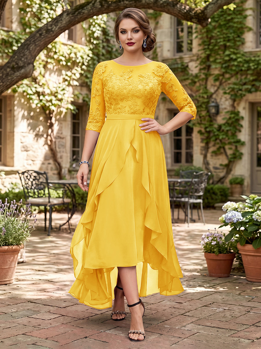 A-Line/Princess Half Sleeves Asymmetrical Plus Size Mother of the Bride Dresses with Ruffles &amp; Embroidery