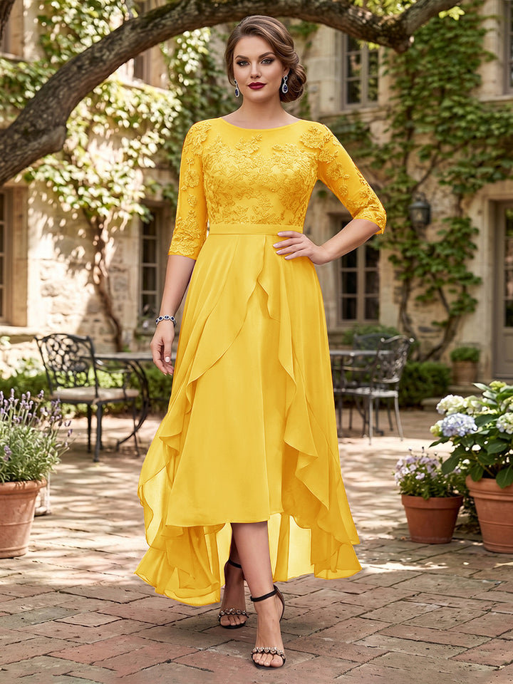 A-Line/Princess Half Sleeves Asymmetrical Plus Size Mother of the Bride Dresses with Ruffles &amp; Embroidery