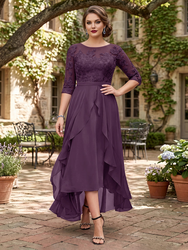 A-Line/Princess Half Sleeves Asymmetrical Plus Size Mother of the Bride Dresses with Ruffles &amp; Embroidery