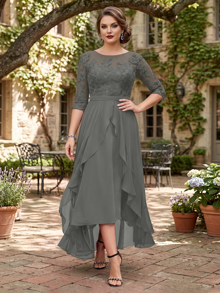 A-Line/Princess Half Sleeves Asymmetrical Plus Size Mother of the Bride Dresses with Ruffles &amp; Embroidery