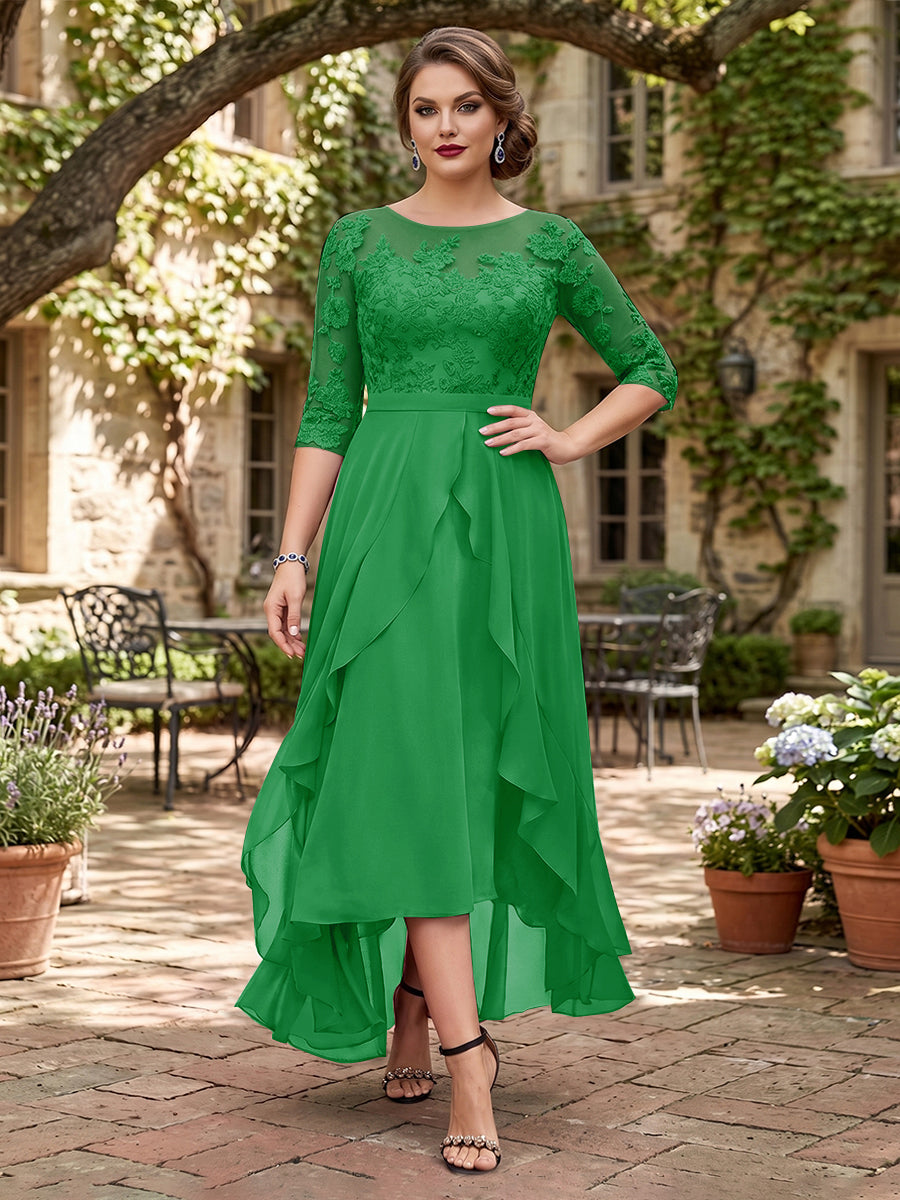 A-Line/Princess Half Sleeves Asymmetrical Plus Size Mother of the Bride Dresses with Ruffles &amp; Embroidery