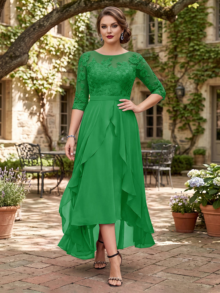 A-Line/Princess Half Sleeves Asymmetrical Plus Size Mother of the Bride Dresses with Ruffles &amp; Embroidery