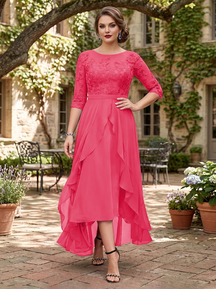A-Line/Princess Half Sleeves Asymmetrical Plus Size Mother of the Bride Dresses with Ruffles &amp; Embroidery