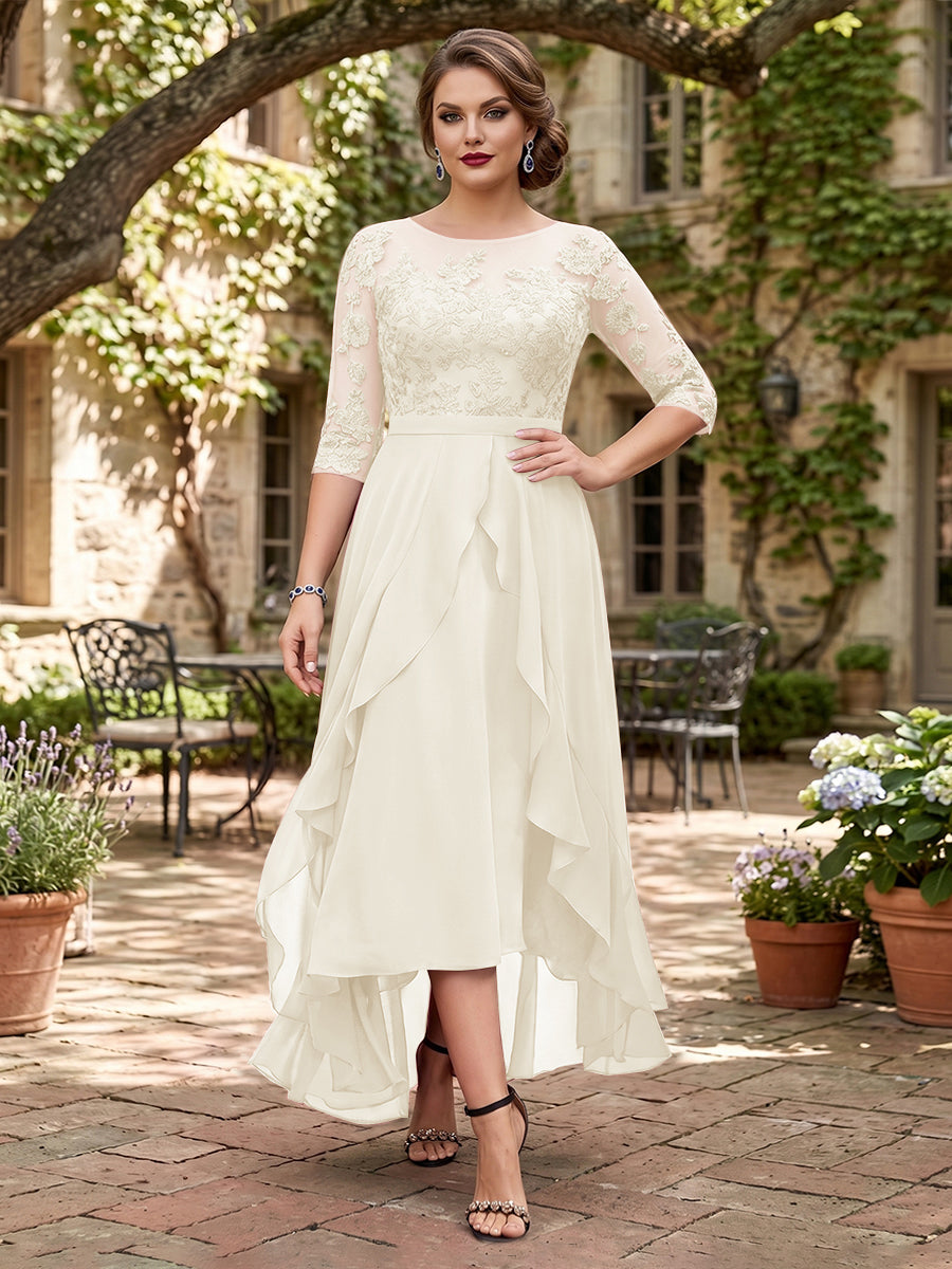 A-Line/Princess Half Sleeves Asymmetrical Plus Size Mother of the Bride Dresses with Ruffles &amp; Embroidery