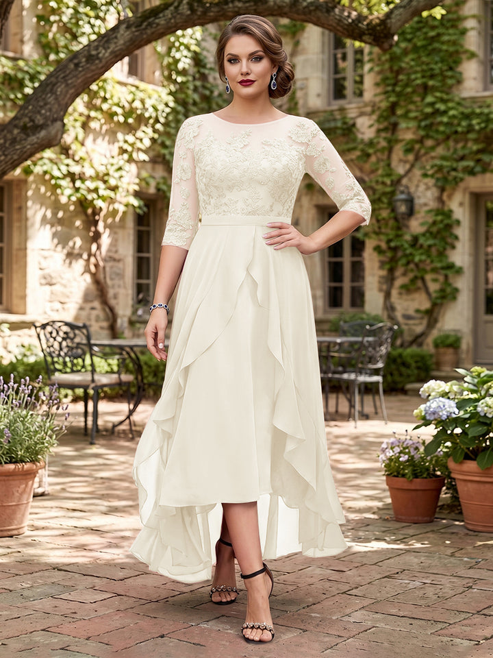 A-Line/Princess Half Sleeves Asymmetrical Plus Size Mother of the Bride Dresses with Ruffles &amp; Embroidery