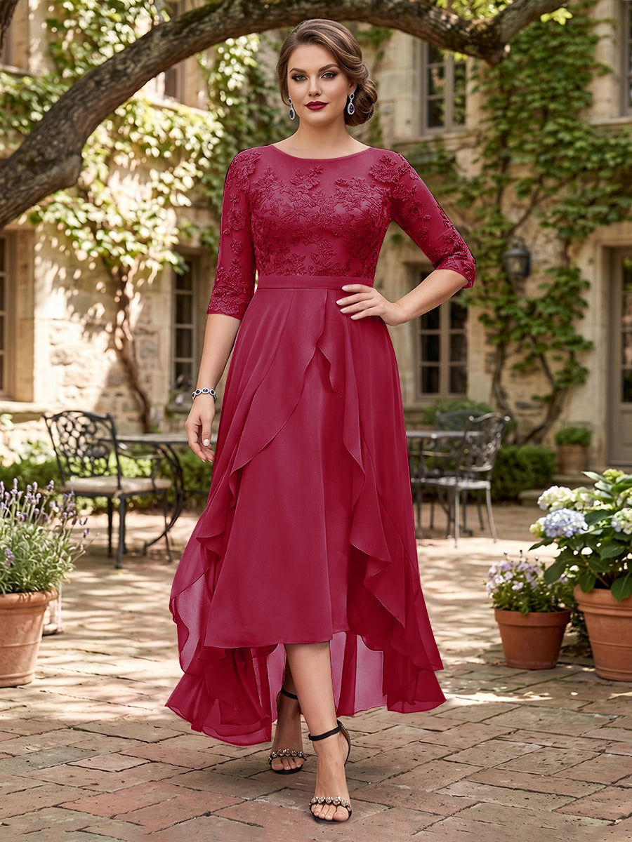 A-Line/Princess Half Sleeves Asymmetrical Plus Size Mother of the Bride Dresses with Ruffles &amp; Embroidery