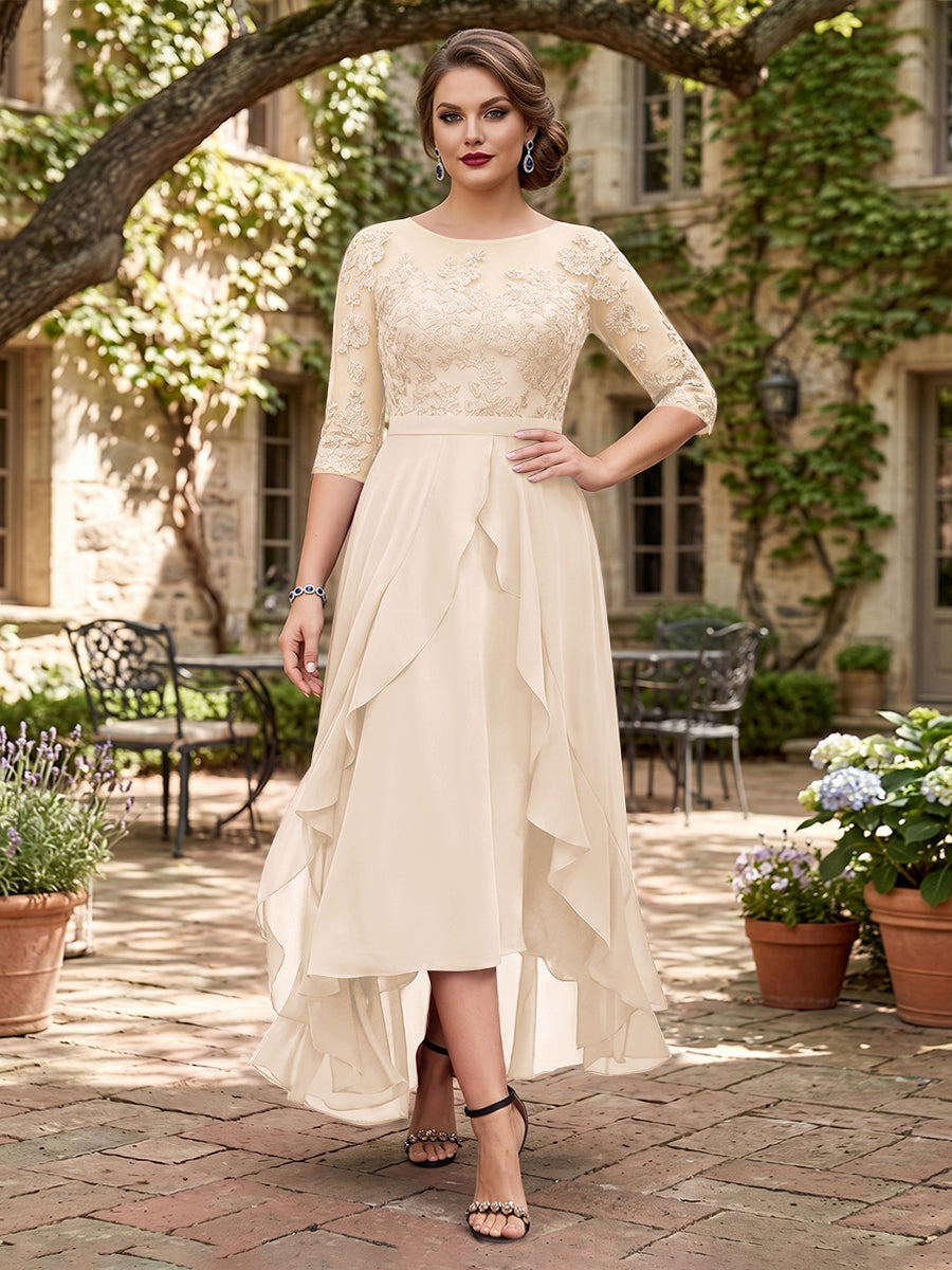 A-Line/Princess Half Sleeves Asymmetrical Plus Size Mother of the Bride Dresses with Ruffles &amp; Embroidery
