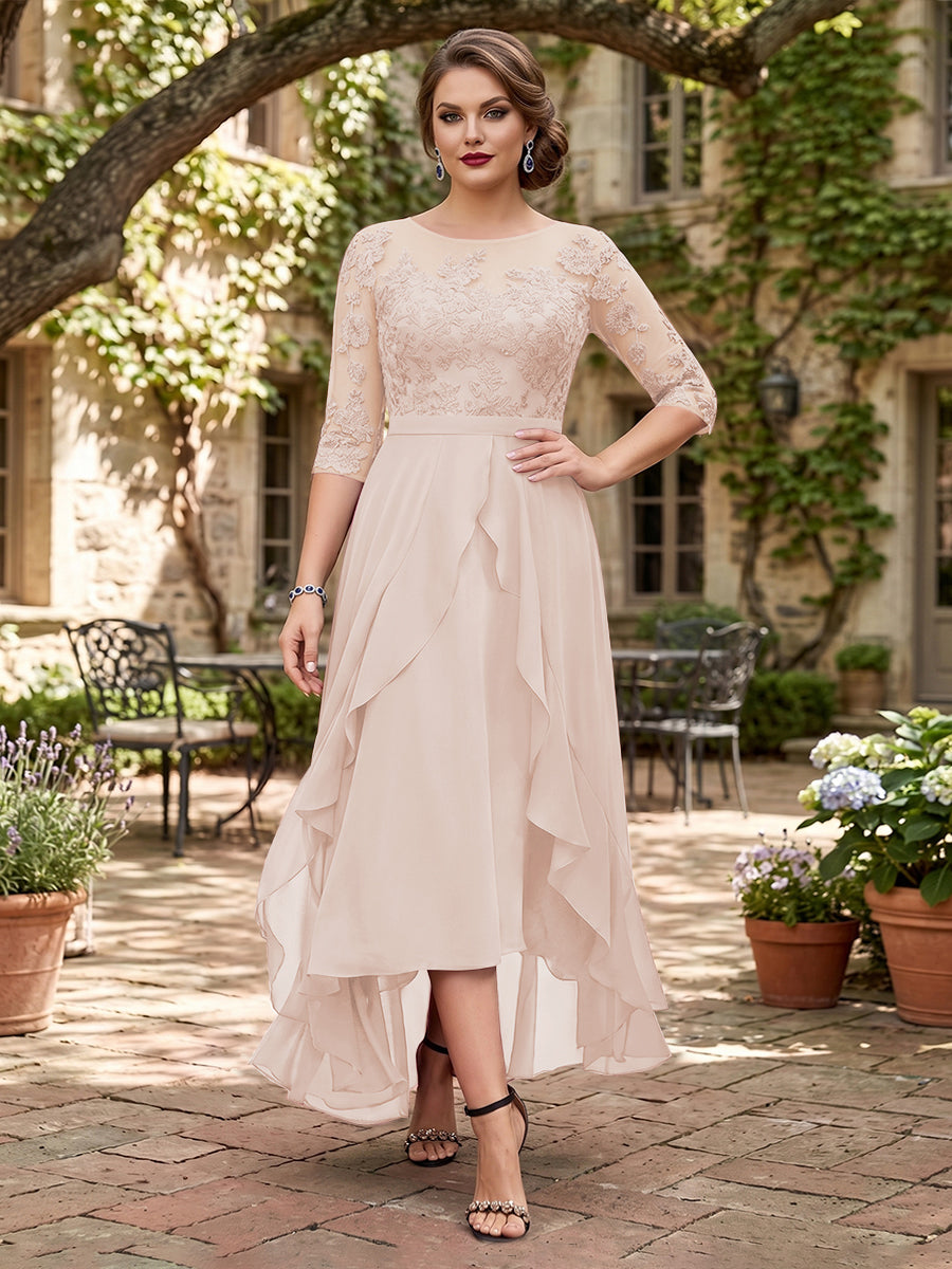 A-Line/Princess Half Sleeves Asymmetrical Plus Size Mother of the Bride Dresses with Ruffles &amp; Embroidery