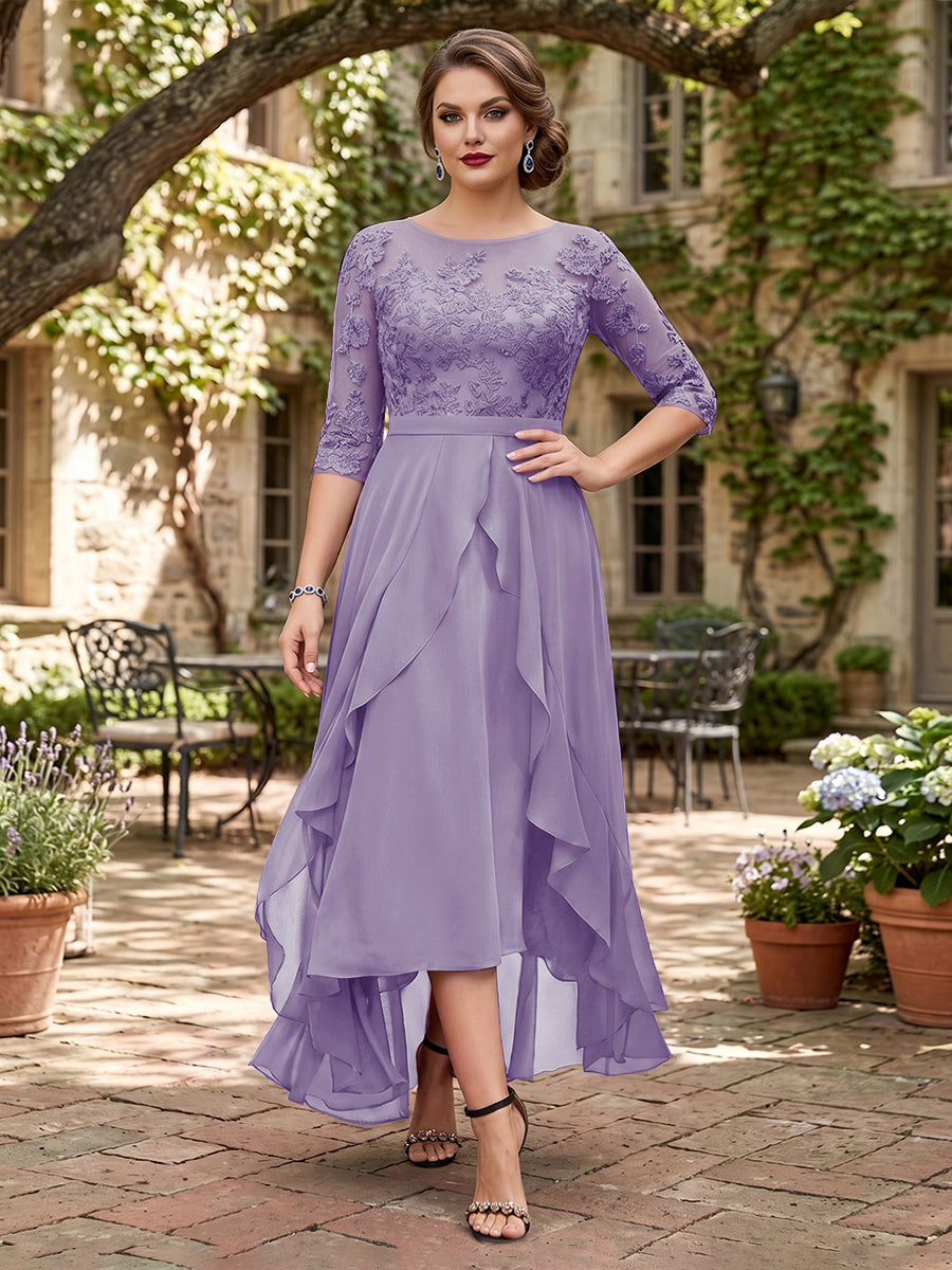 A-Line/Princess Half Sleeves Asymmetrical Plus Size Mother of the Bride Dresses with Ruffles &amp; Embroidery